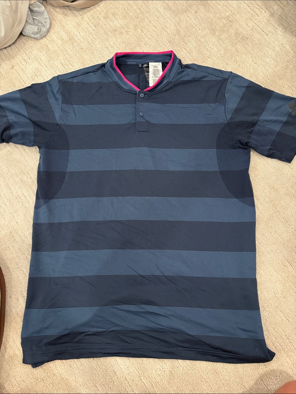 adidas Men's Navy and Pink-Trim Striped Polo